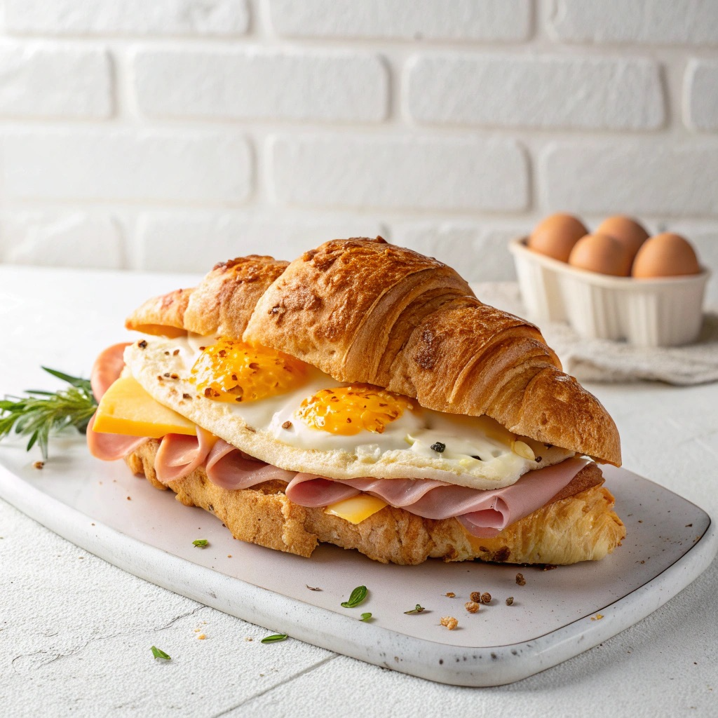 Croissant breakfast sandwich with ham, egg, and cheese on a stone board